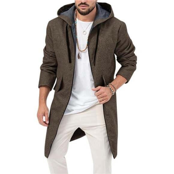 Men's Trench Coat Wool Blend Hoodie Long Jacket Full Zip Winter